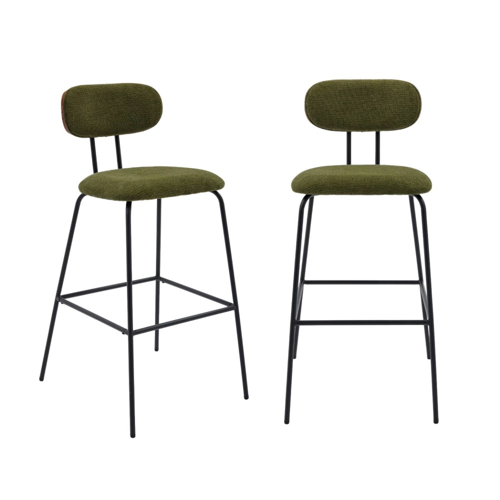 Tabouret de bar décor bois courbé teinté noyer et tissu kaki (lot de