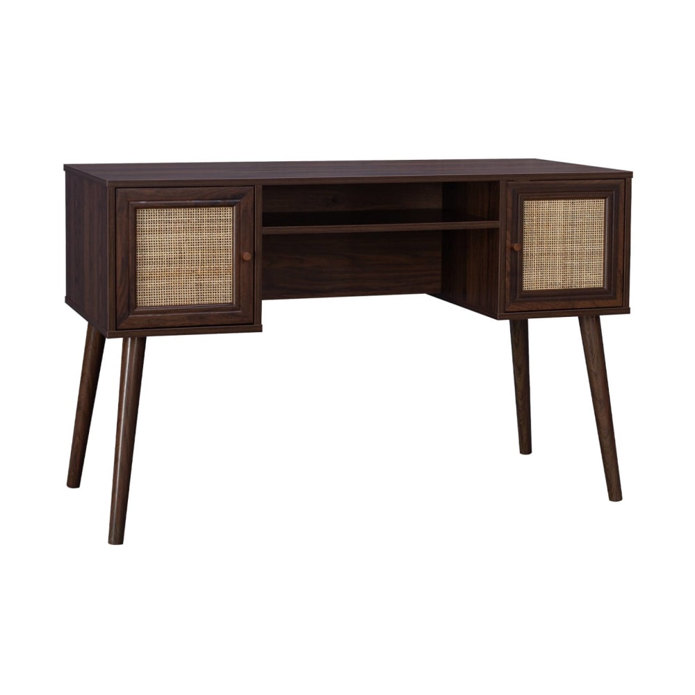 Schreibtisch mit Rattan-Geflecht, dunklem Holzdekor und 2 Türen B