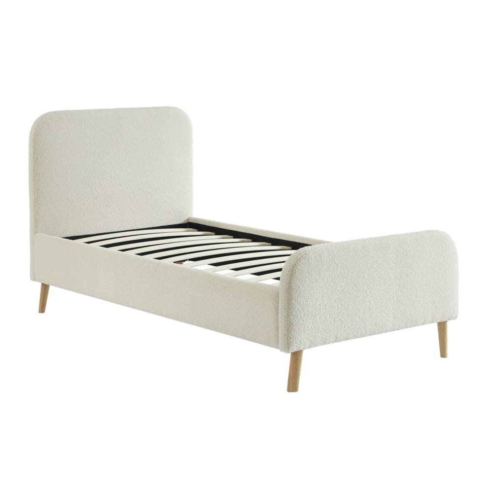 Lit avec sommier et tête de lit bouclette crème 90 x 190 cm