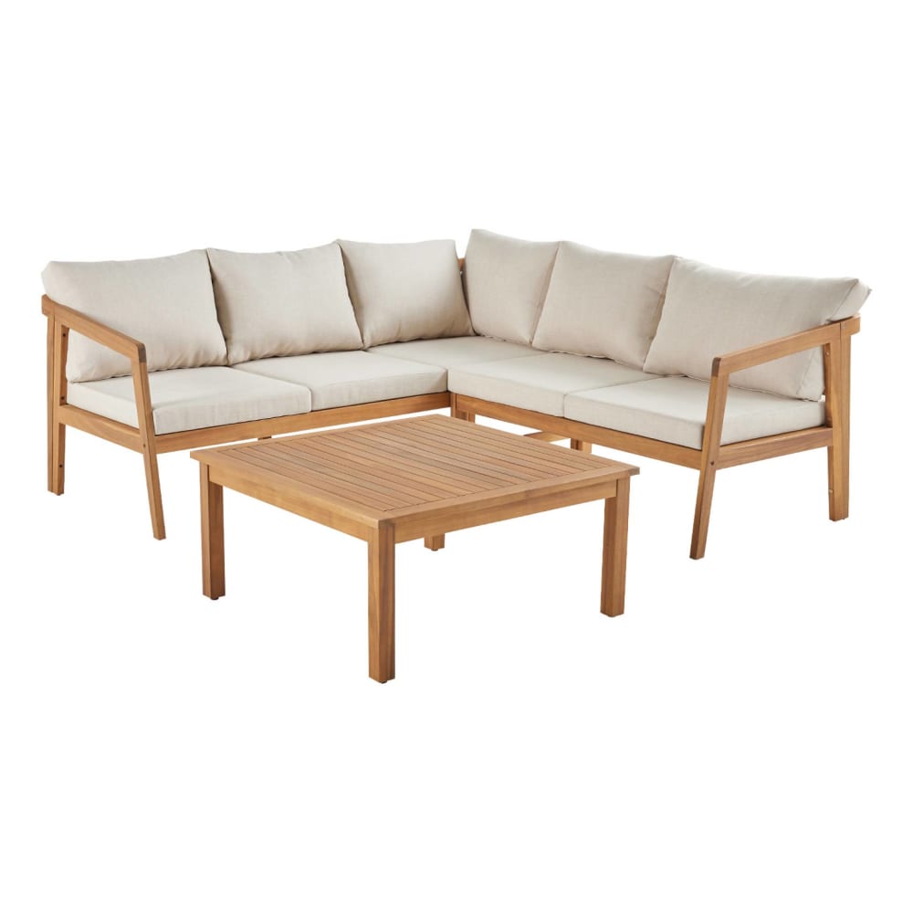 Salon de jardin d'angle beige en acacia 5 places