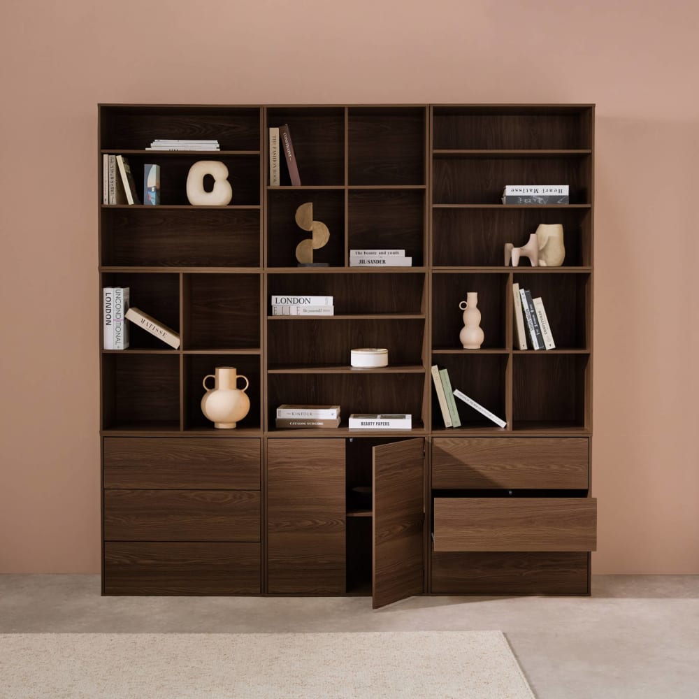 Kit étagère, bibliothèque décor bois noyer 9 éléments kit 2