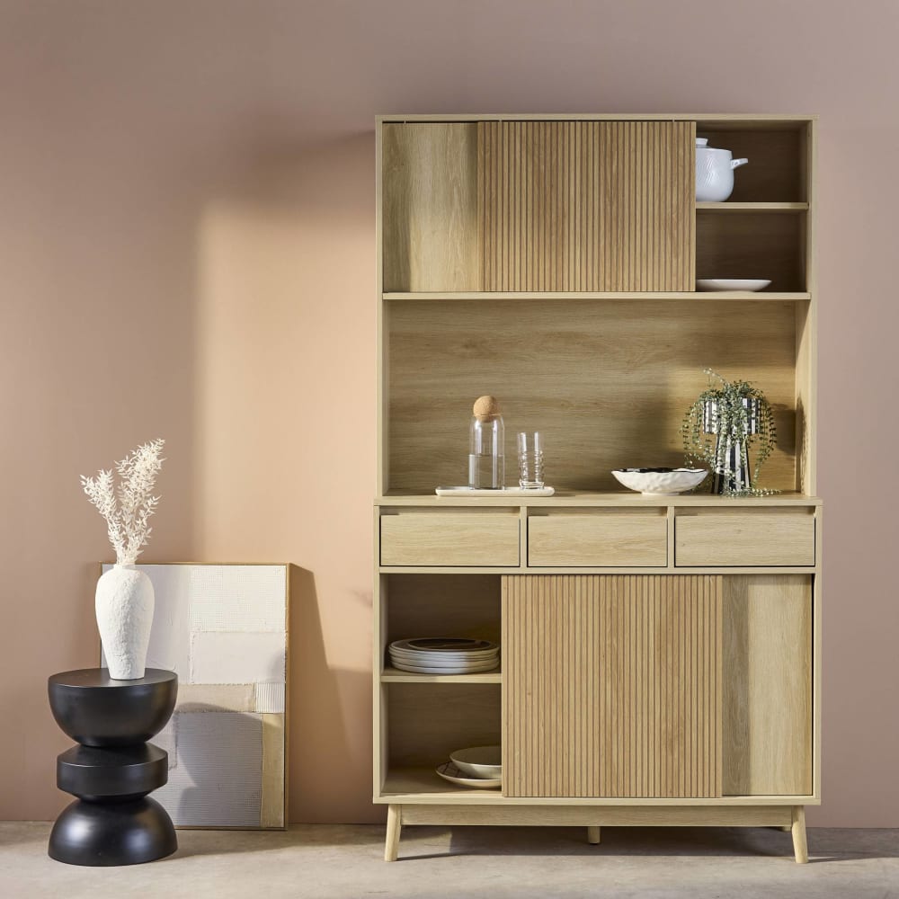 Buffet de cuisine décor bois 4 portes 3 tiroirs 110 cm, naturel