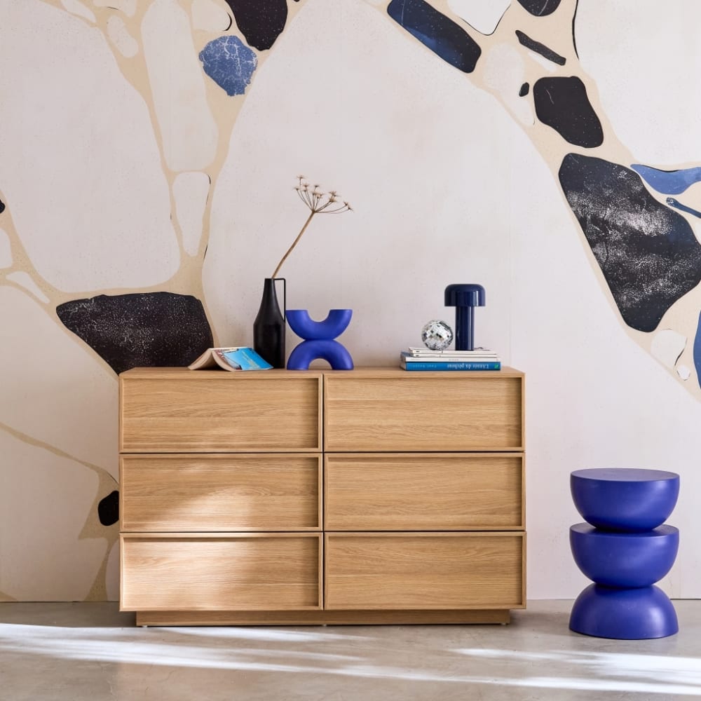 sweeek Kommode mit naturfarbenem Holzlook, 6 Schubladen style modern Beige Spanplatte