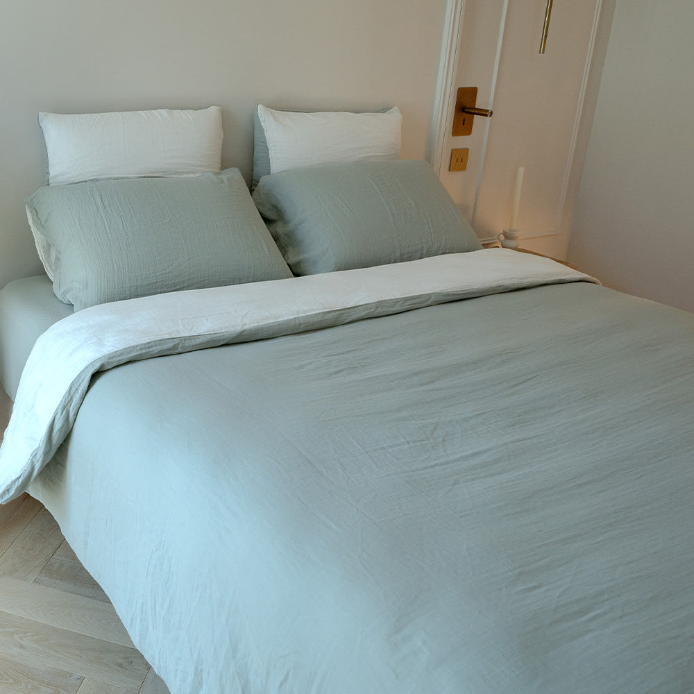 Housse de couette réversible gaze de coton vert sauge/écru 220x240 cm
