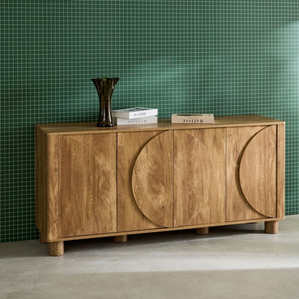 sweeek Exotisches Sideboard mit Mangoholz-Optik und 4 Türen 155 cm style exotic Braun Spanplatte