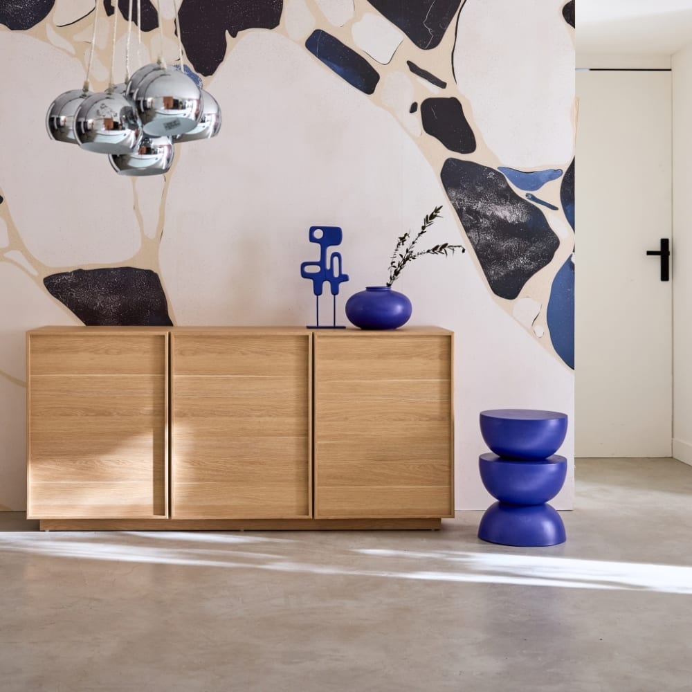 sweeek Sideboard mit Holzlook 3 Türen B 160 x T 43 x H 75 cm style modern Beige Spanplatte