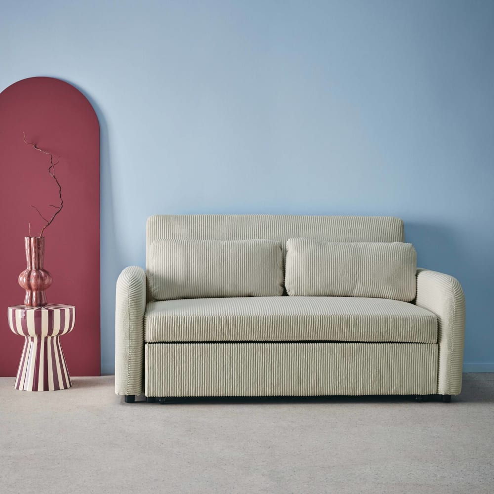 Canapé convertible arrondi 2 places velours côtelé gris clair