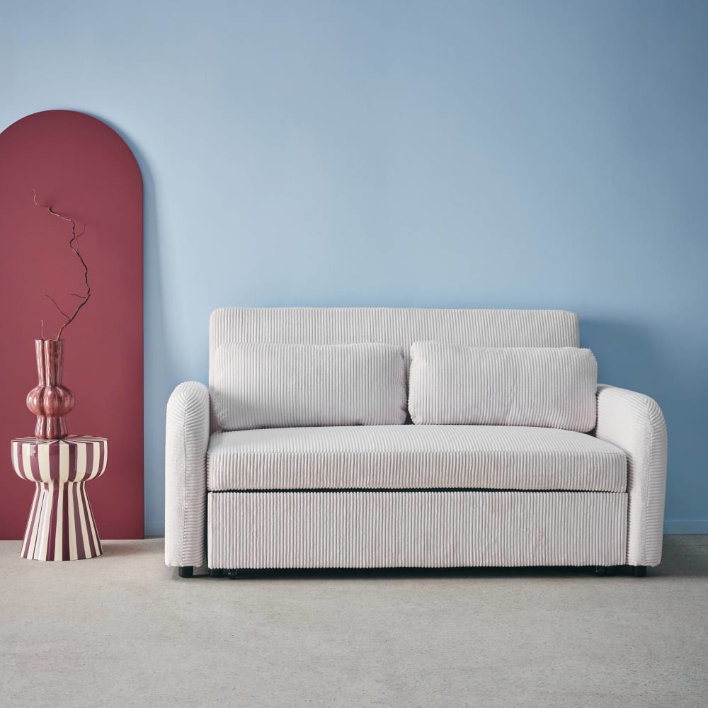 Canapé convertible arrondi 2 places velours côtelé blanc