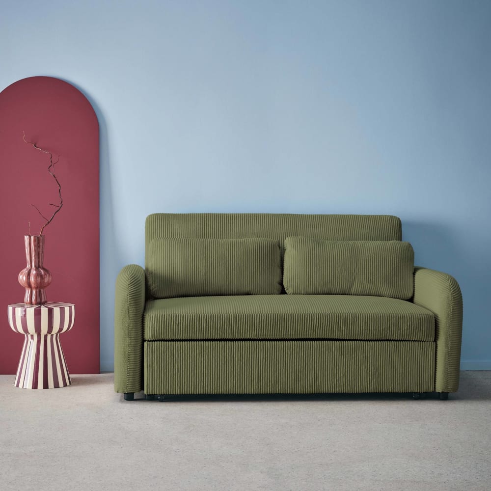 Canapé convertible arrondi 2 places velours côtelé kaki