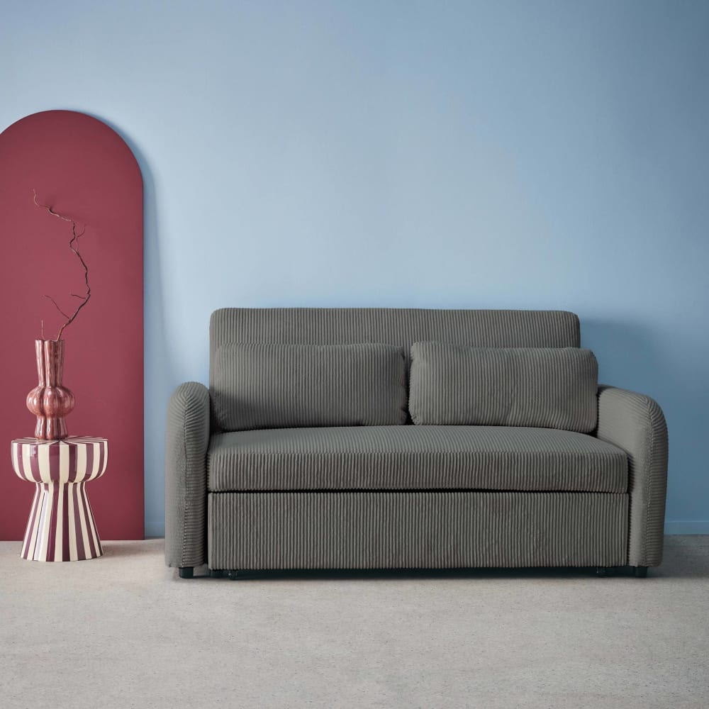 Canapé convertible arrondi 2 places velours côtelé gris foncé