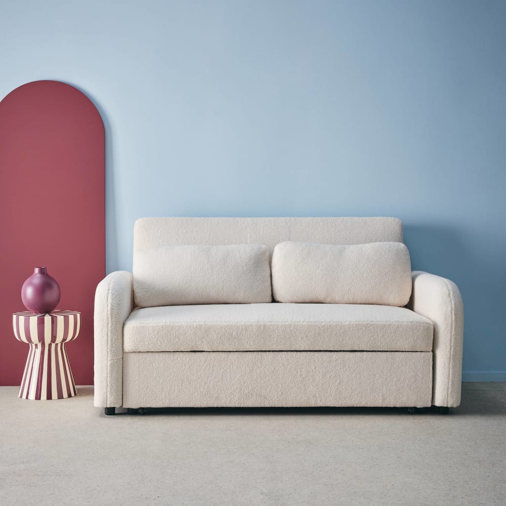 Canapé convertible arrondi 2 places bouclette crème