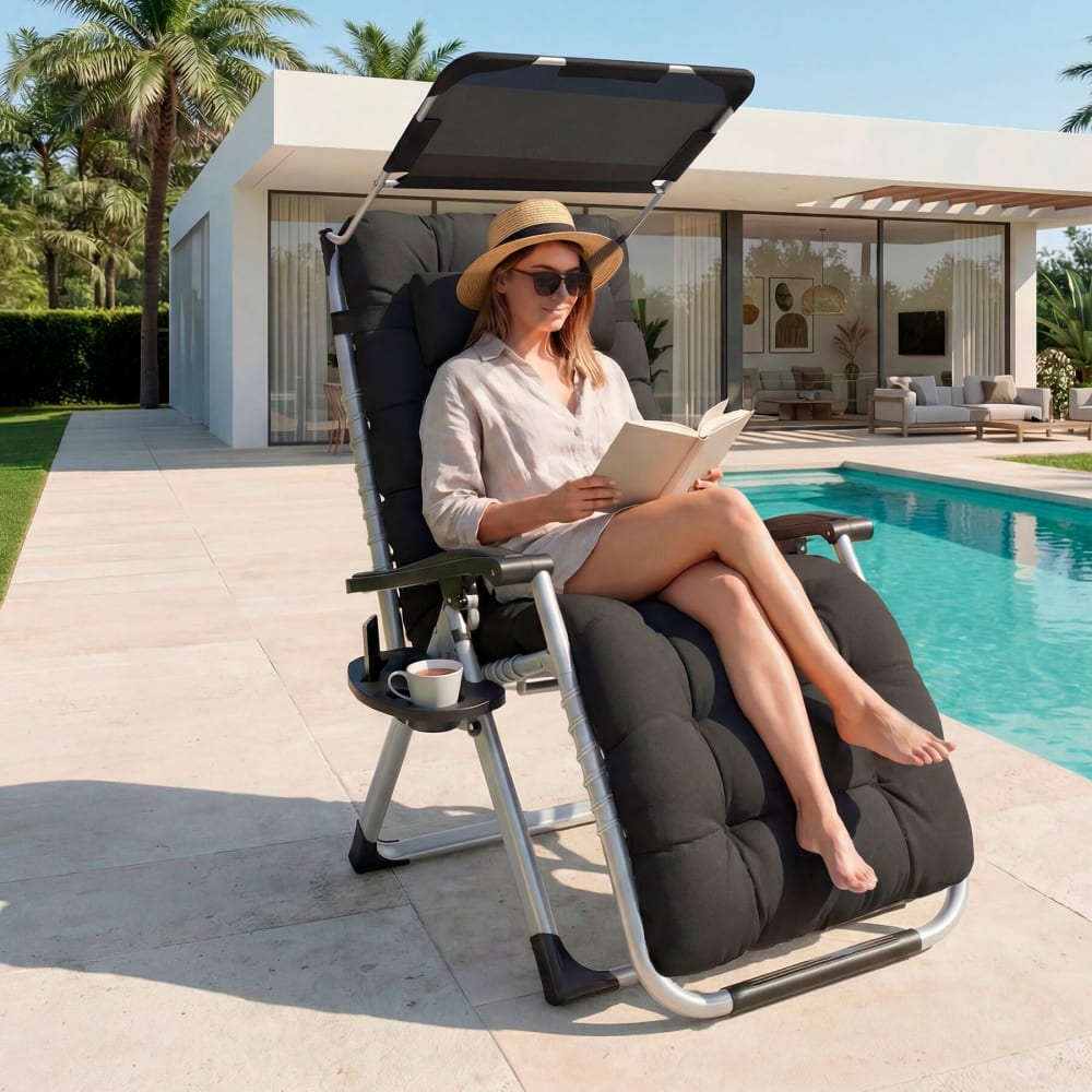 Chaise longue pliable avec pare-soleil et reposes-pieds noir