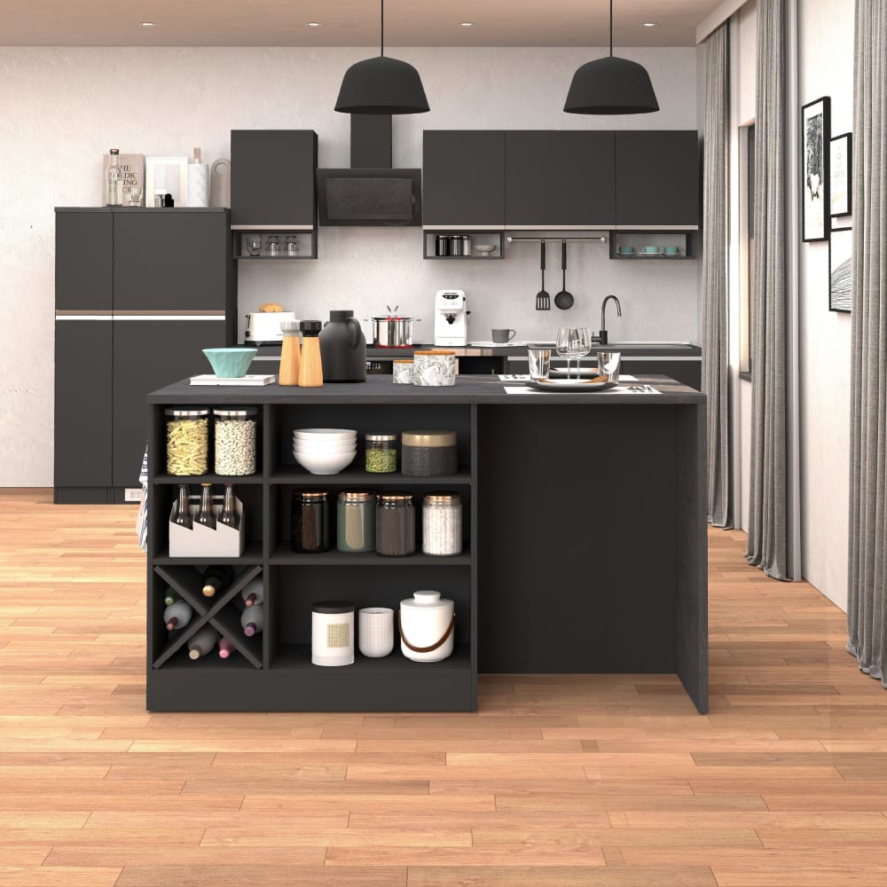Îlot de cuisine 153 cm effet bois anthracite mat et gris report