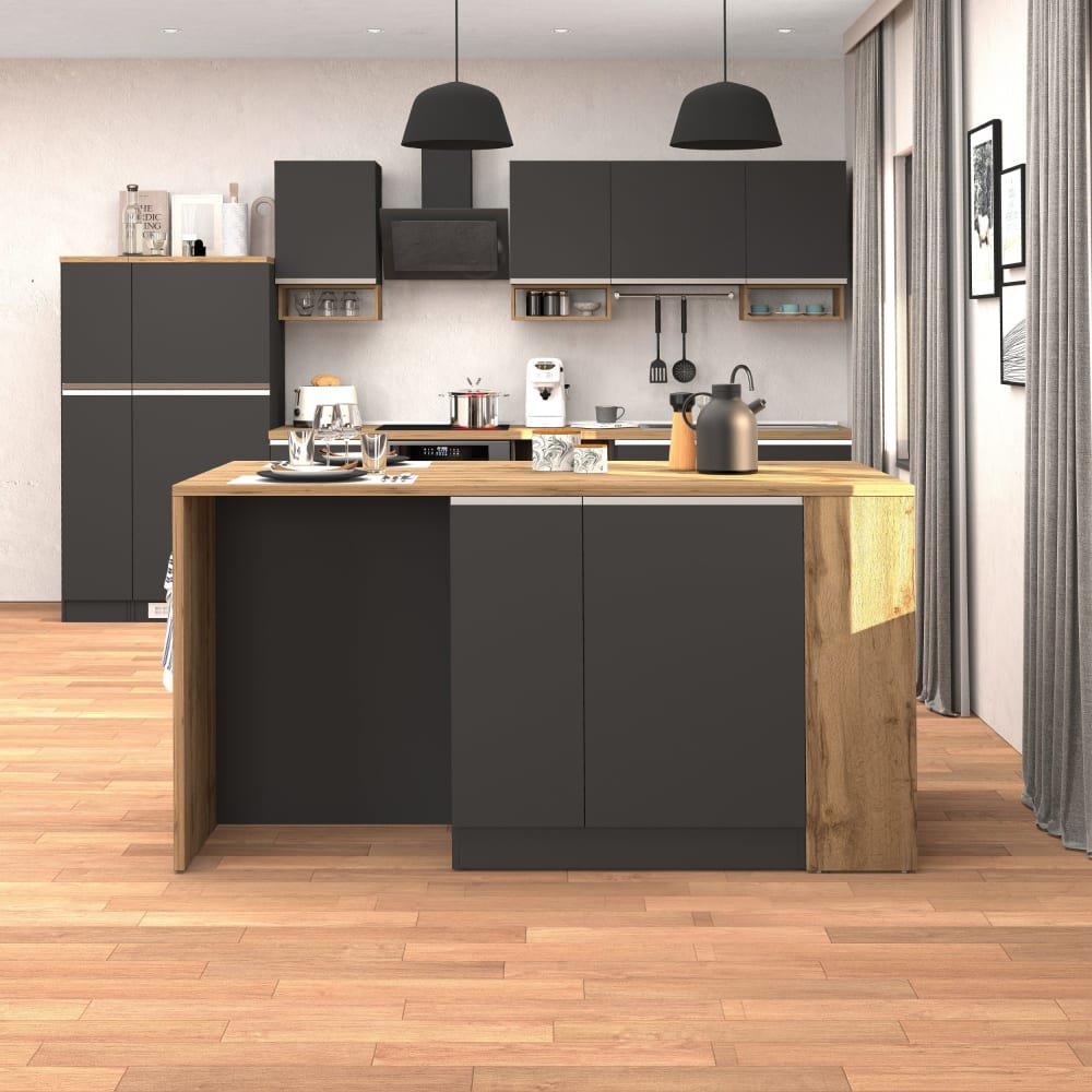 Îlot de cuisine 168 cm effet bois anthracite mat et chêne