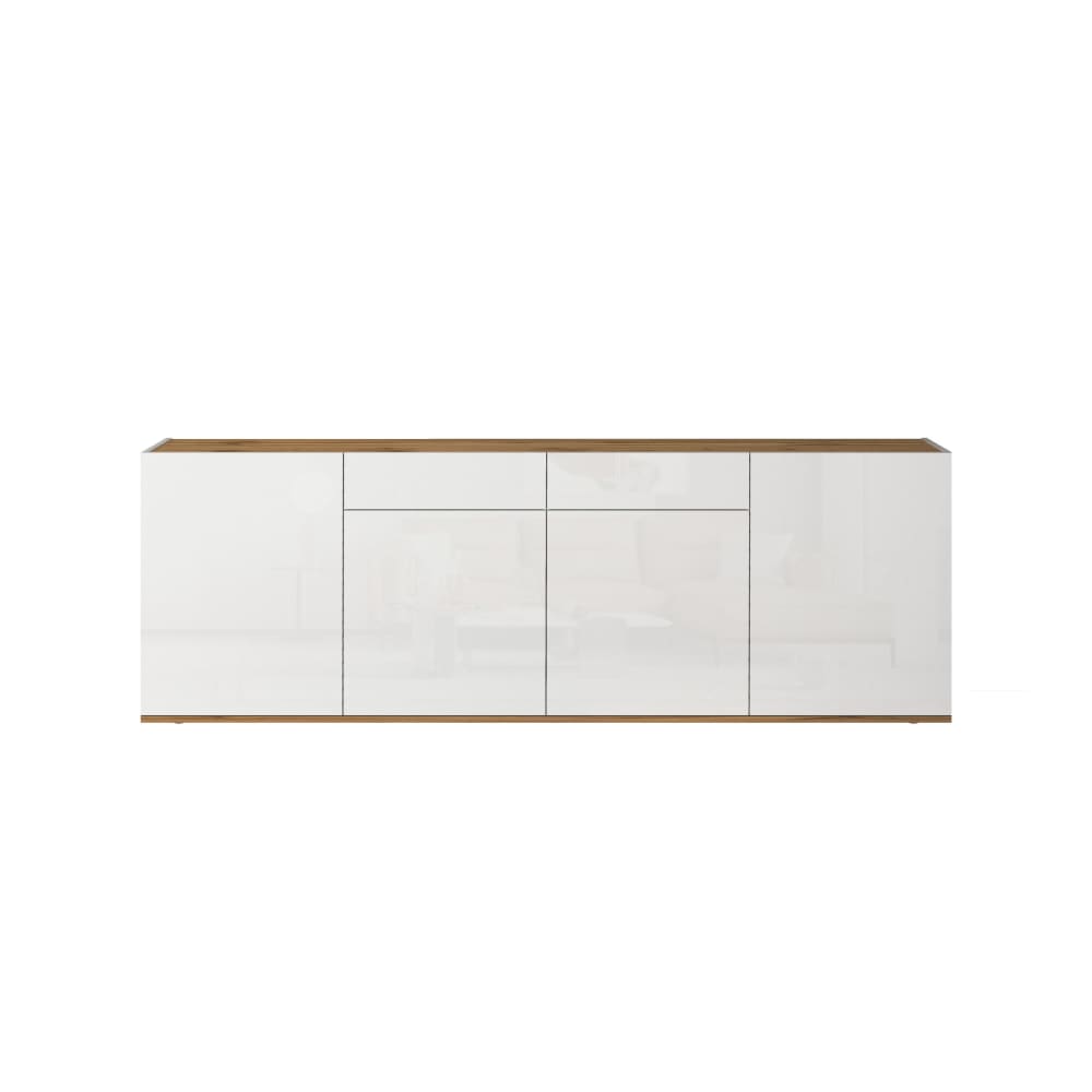 Buffet 4 portes 2 tiroirs 200 cm effet bois blanc brillant et chêne