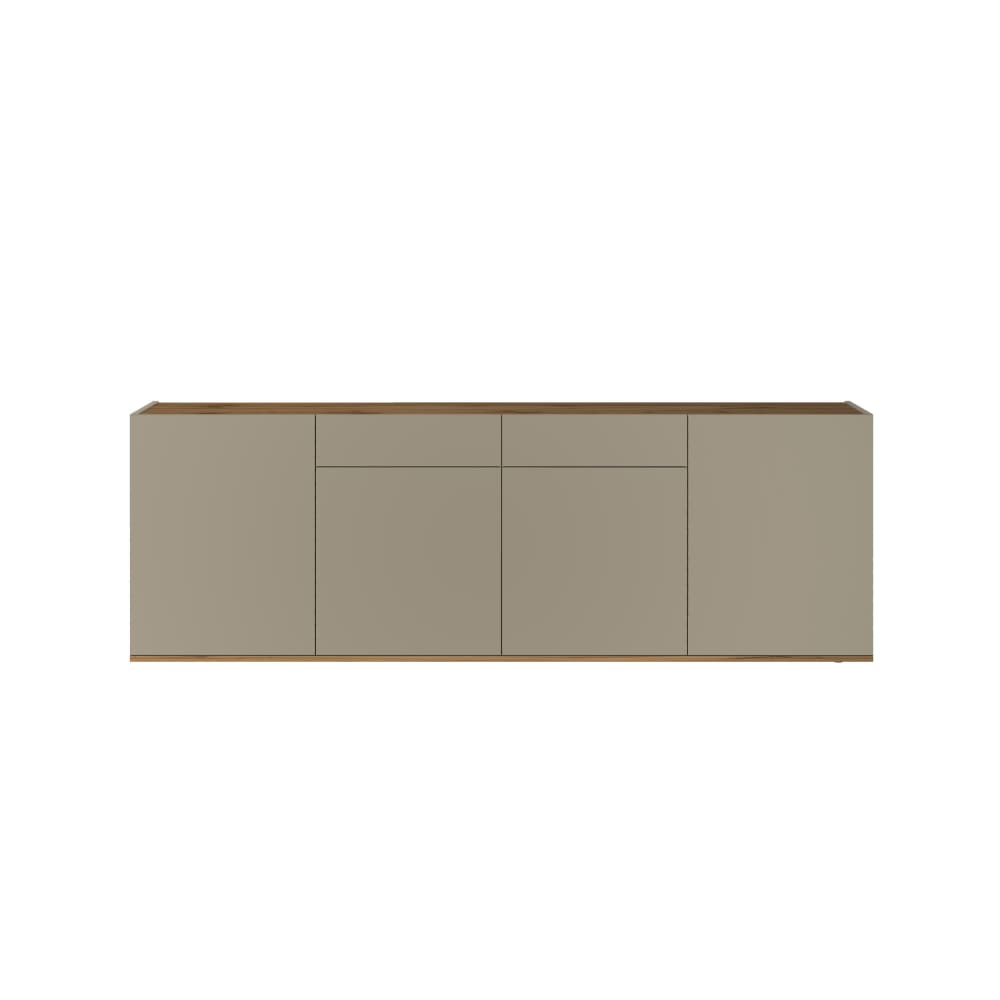 Buffet 4 portes 2 tiroirs 200 cm effet bois taupe mat et chêne