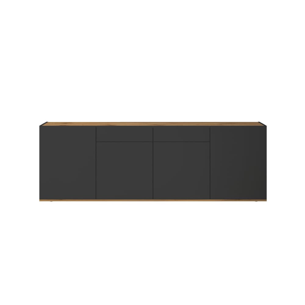 Buffet 4 portes 2 tiroirs 200 cm effet bois anthracite mat et chêne