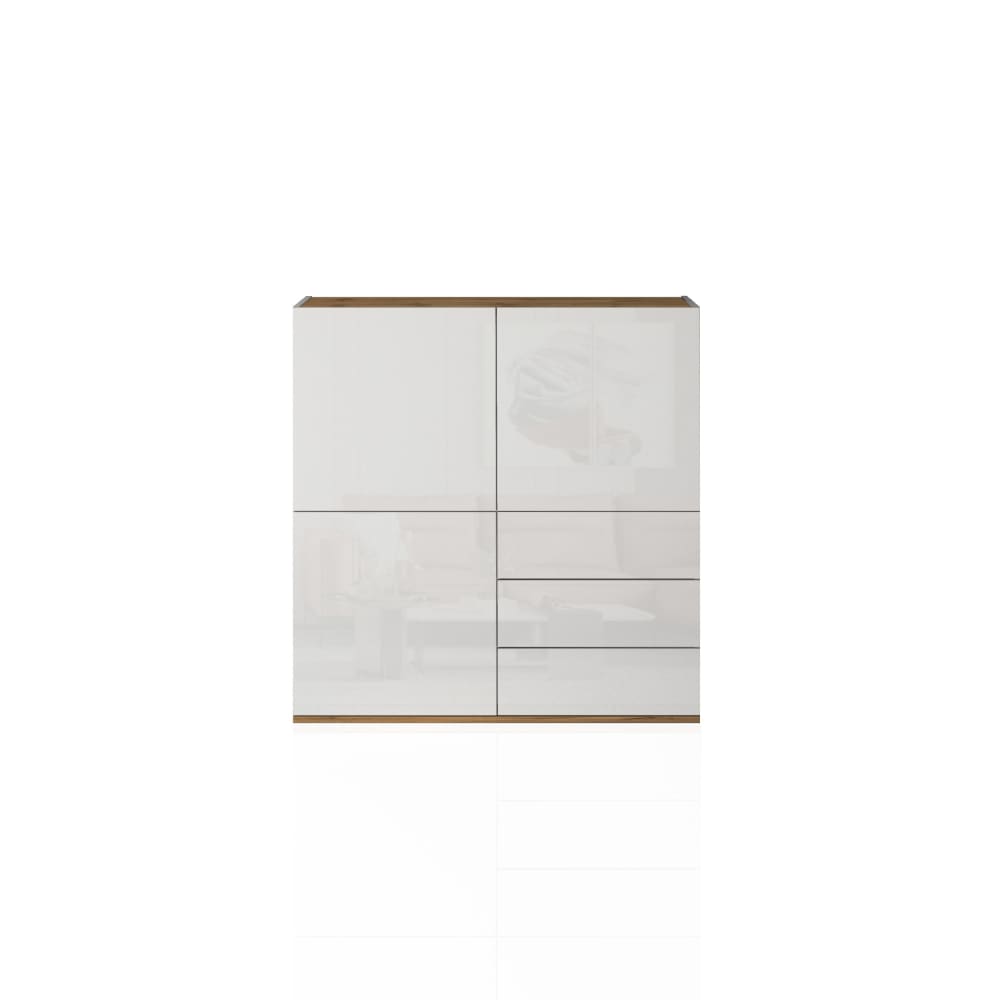 Buffet 3 portes 3 tiroirs 102 cm effet bois blanc brillant et chêne