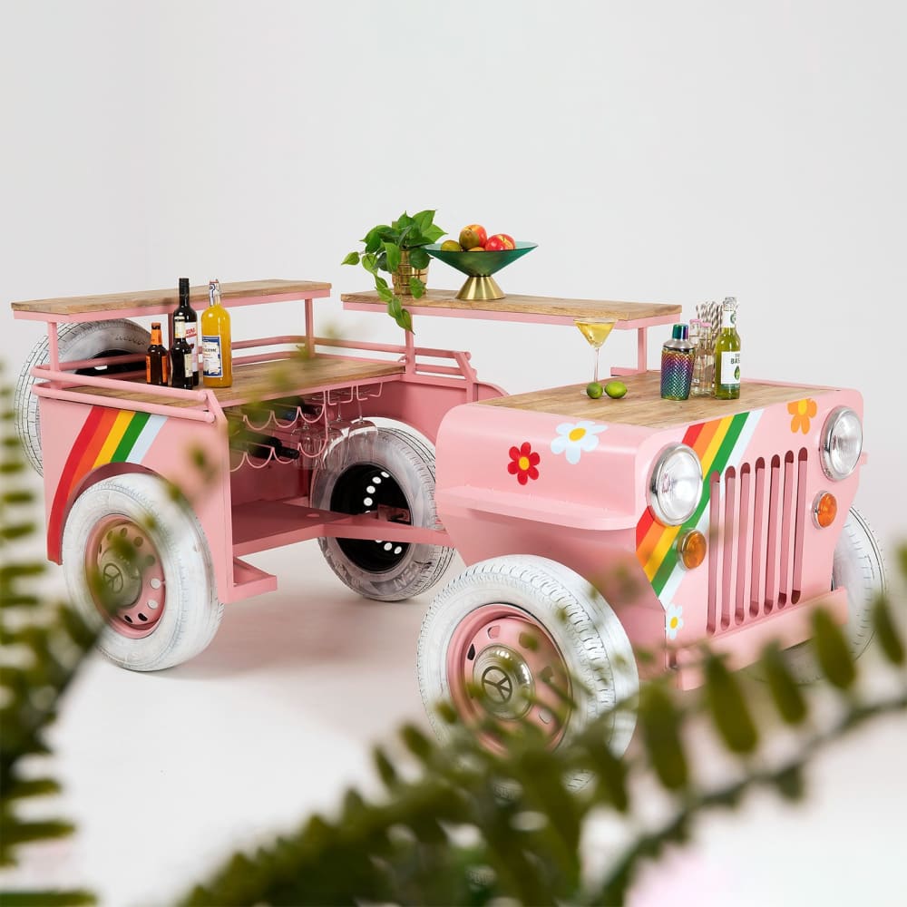 Bar voiture à fleurs en acier rose et manguier massif