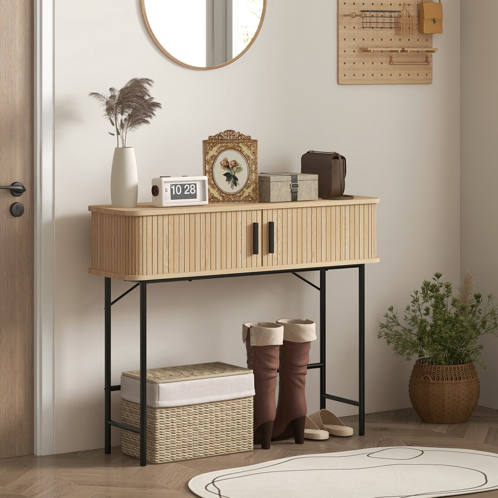 Console meuble portes coulissantes à lattes bois d'ingénierie chêne