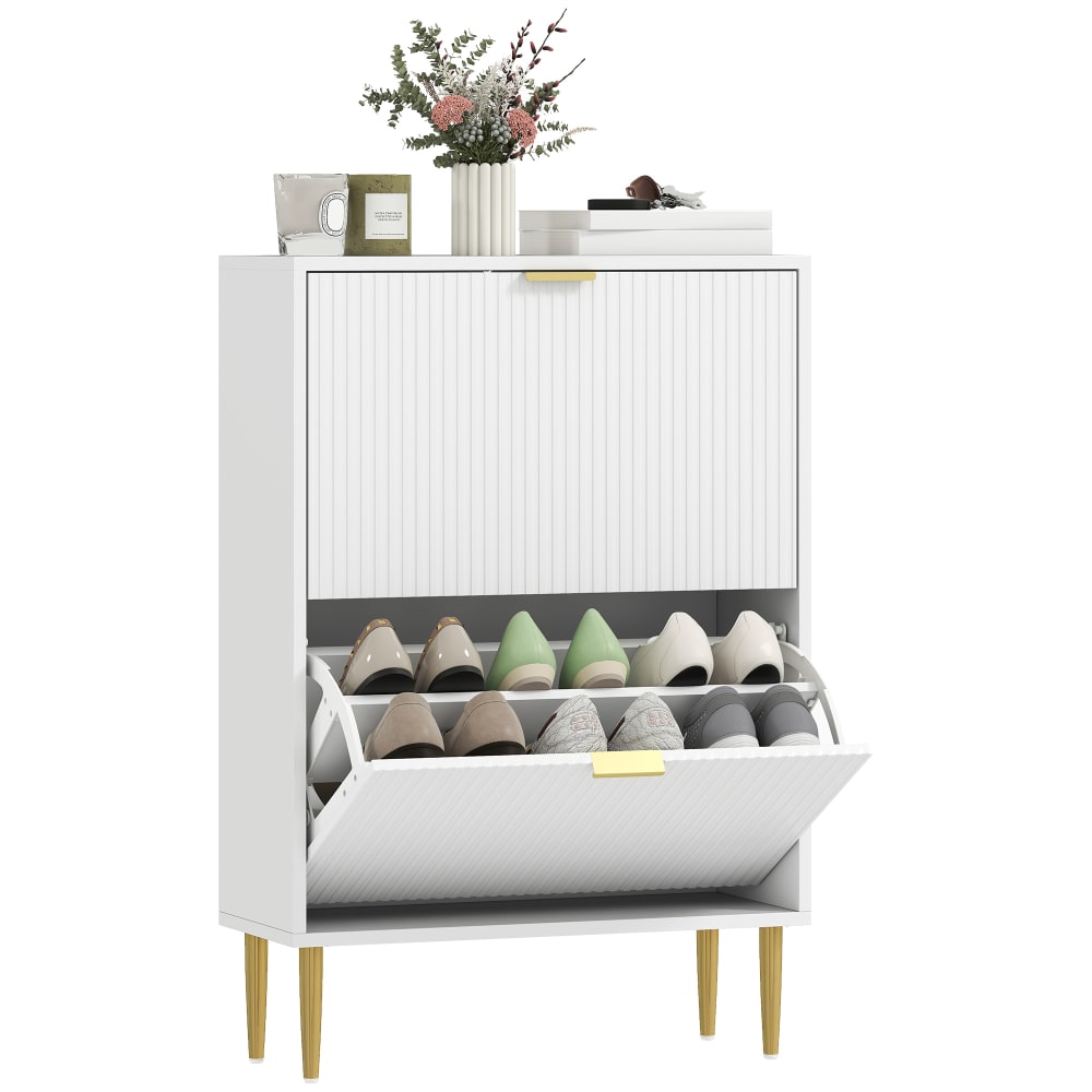 Meuble à chaussures 2 tiroirs rabattables étagères réglables MDF blanc