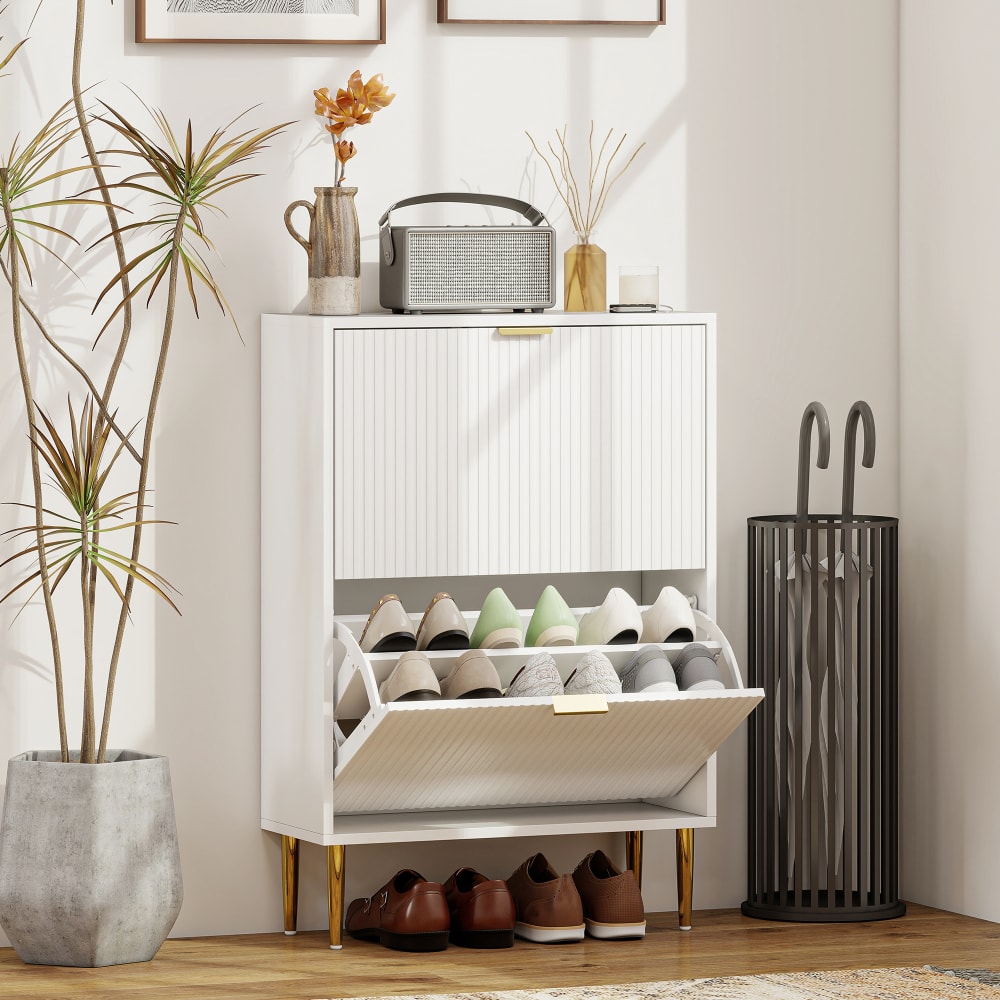 Weißer Schuhschrank, 2 Klappfächer, verstellbar, MDF - Maisons Du