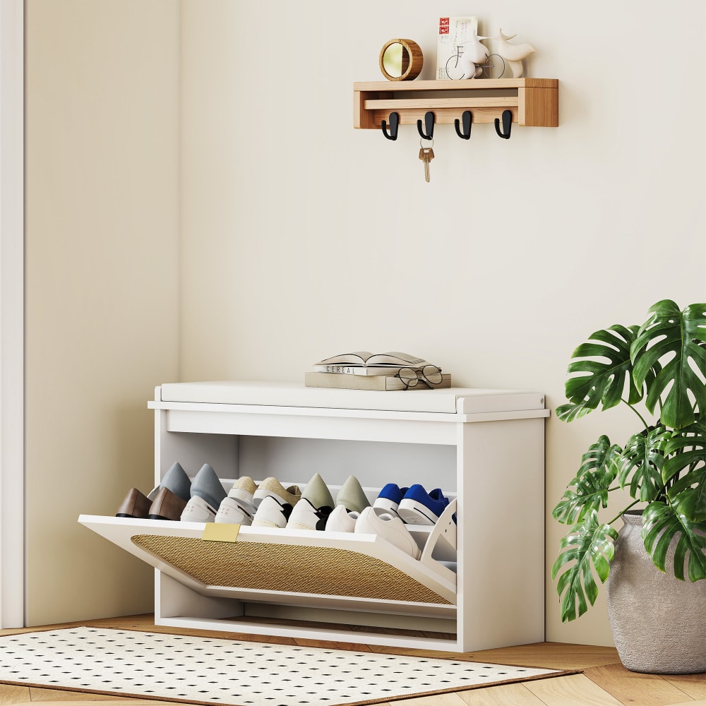 Weißer Schuhbank-Klappschrank aus Ingenieurholz - Maisons Du