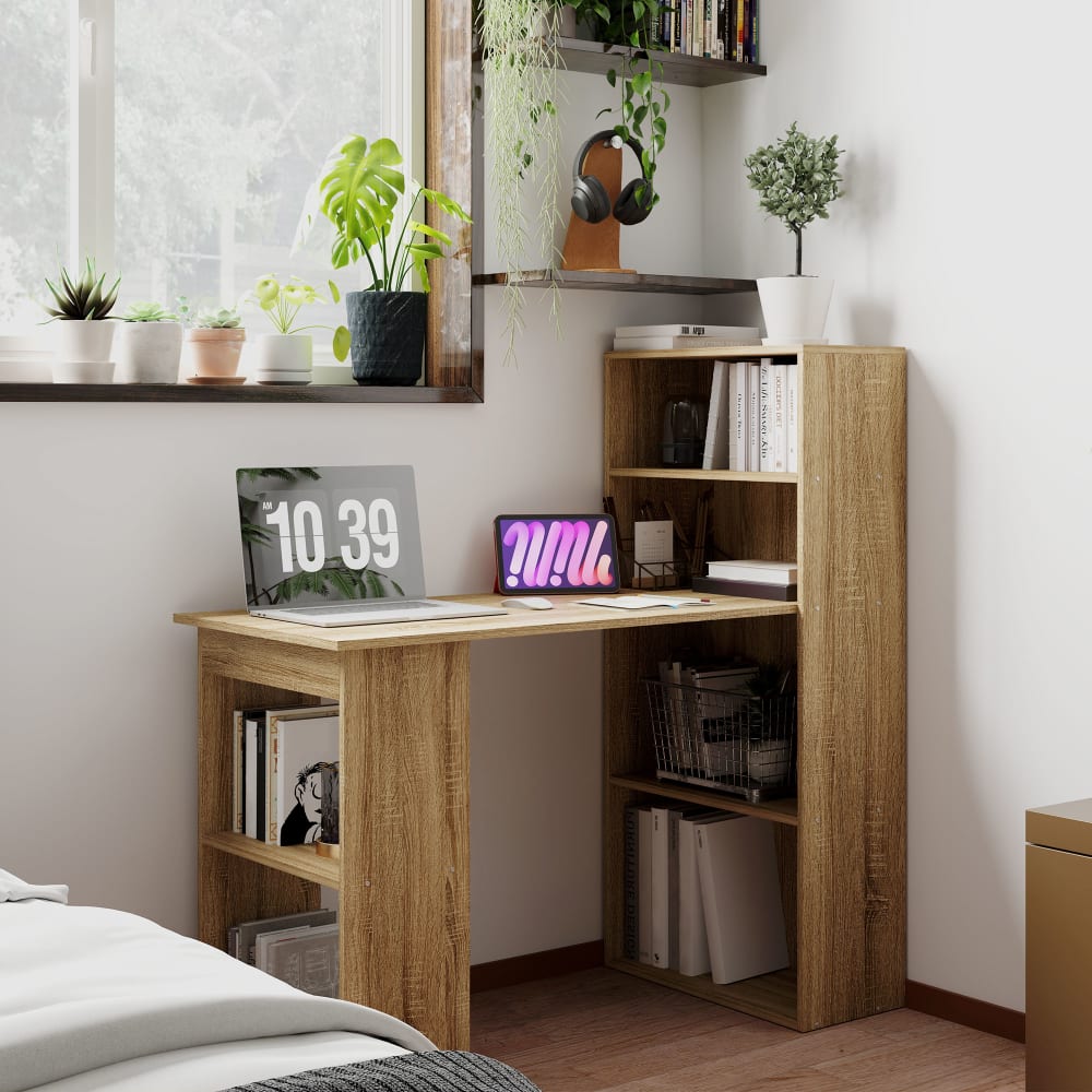 Bureau d'angle étagère de rangement chêne