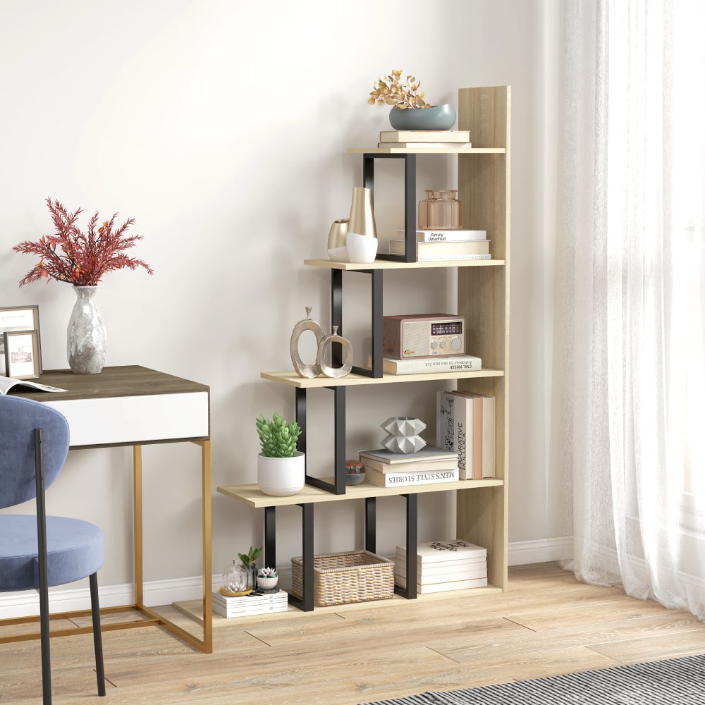 Étagère bibliothèque séparateur de pièce métal chêne