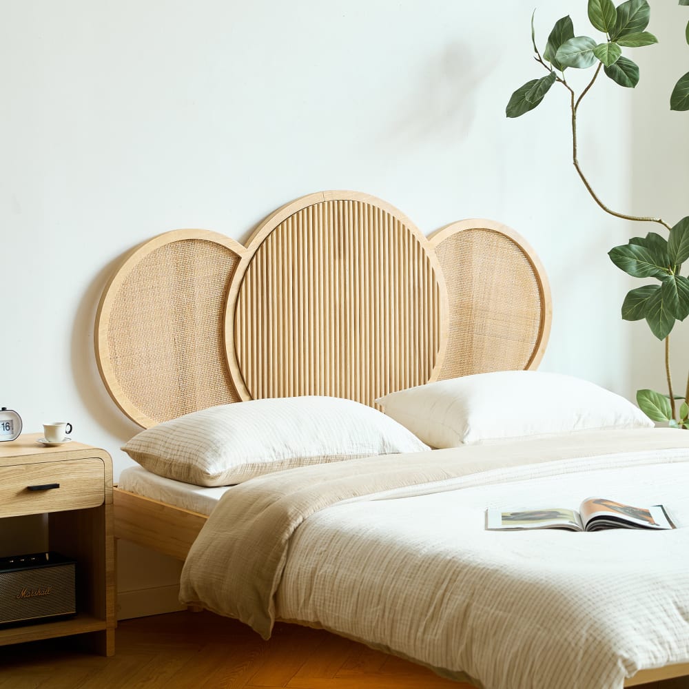 Tête de lit 160 en bois massif et rotin naturel