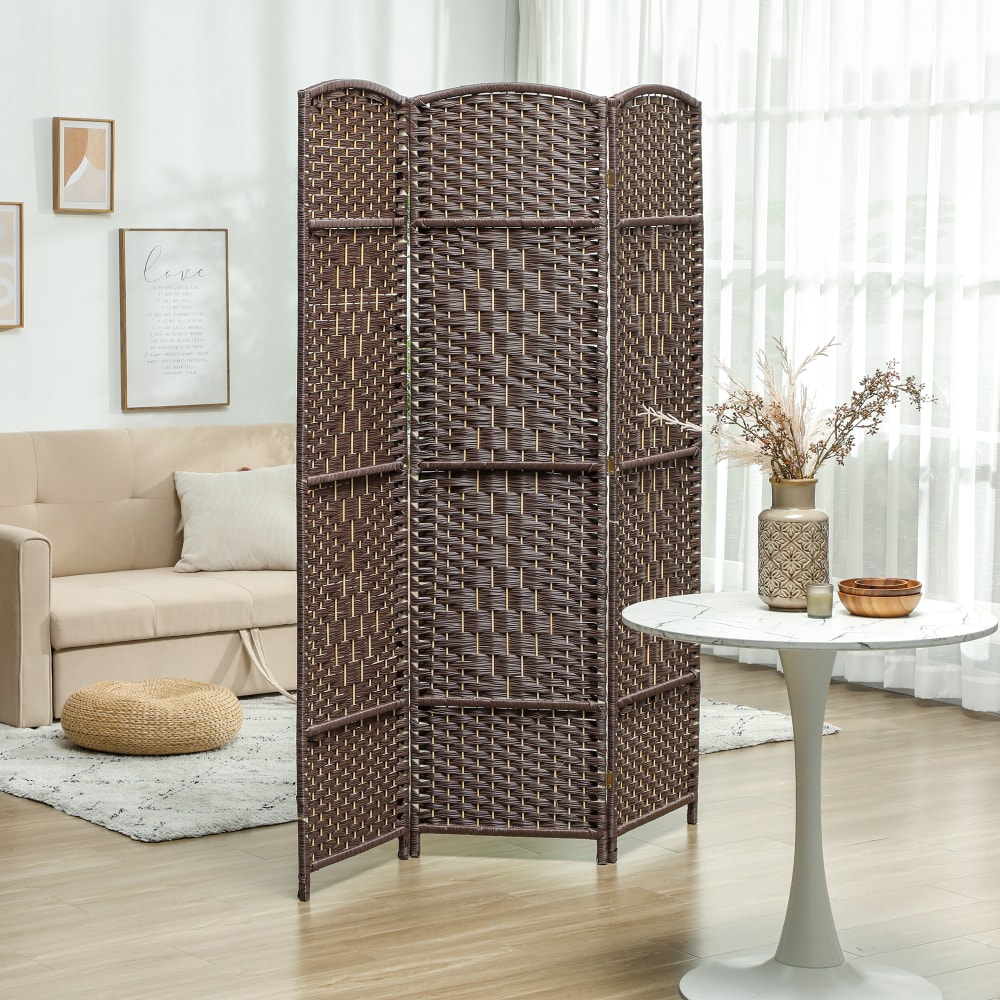 Paravent intérieur pliable 3 panneaux polypropylène et bois marron — vue 3