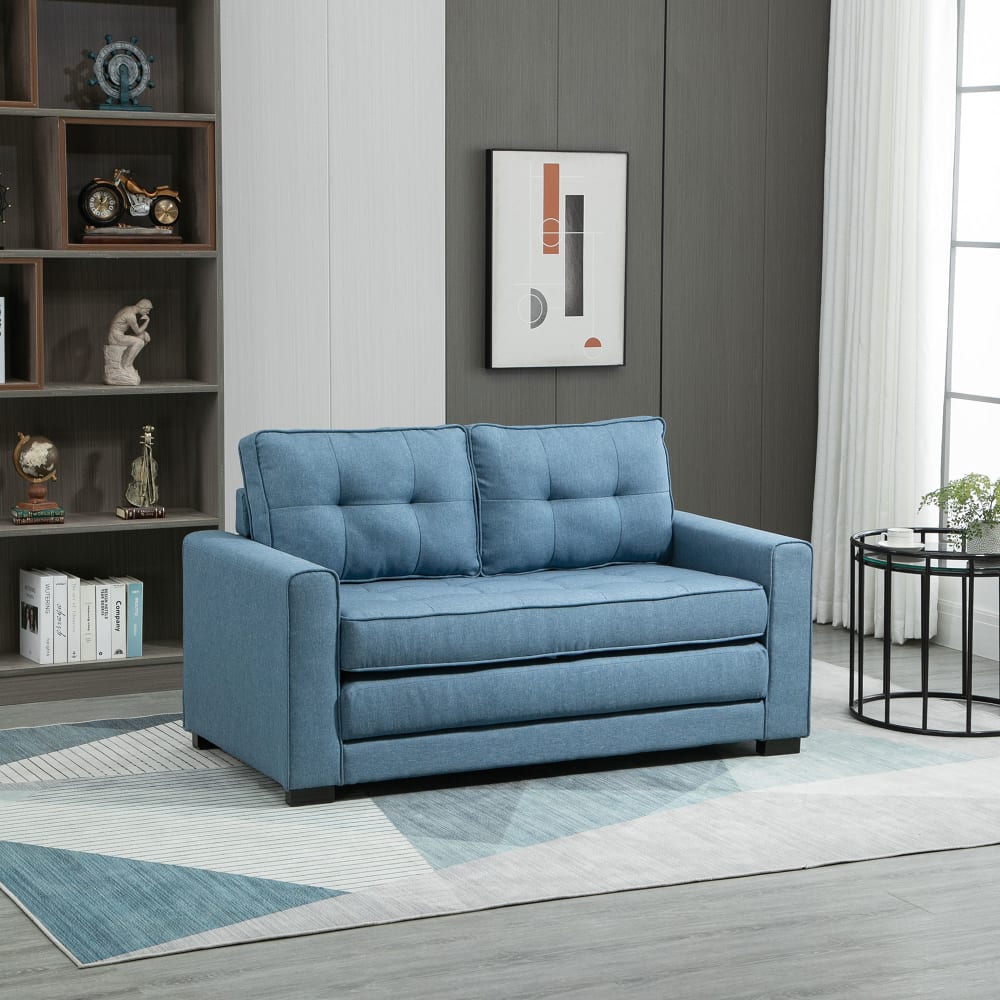 Canapé convertible 2 places dossier capitonné tissu effet lin bleu