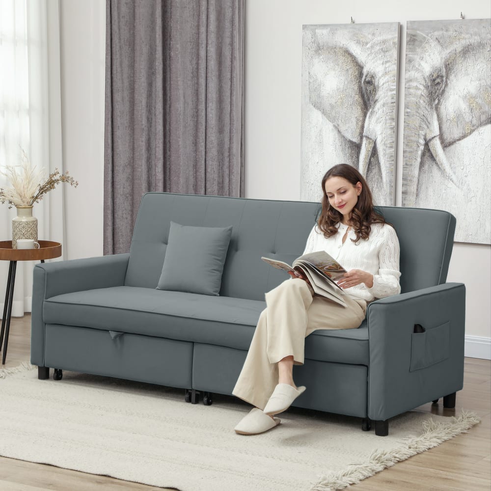 Canapé convertible 3 places tissu velours gris