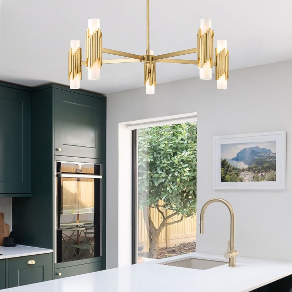 Lustre 10 Lumières Acier, Globe en Verre Opalin — vue 3