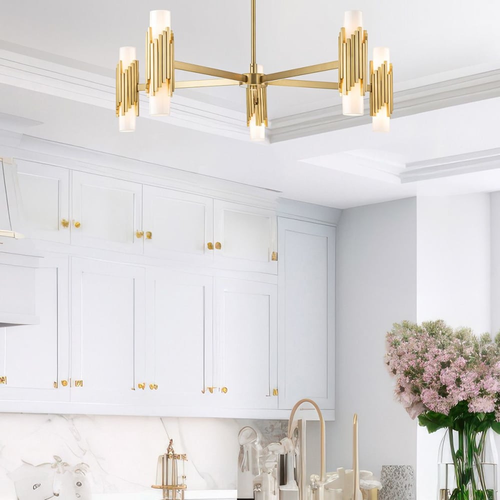 Lustre 10 Lumières Acier, Globe en Verre Opalin — vue 4