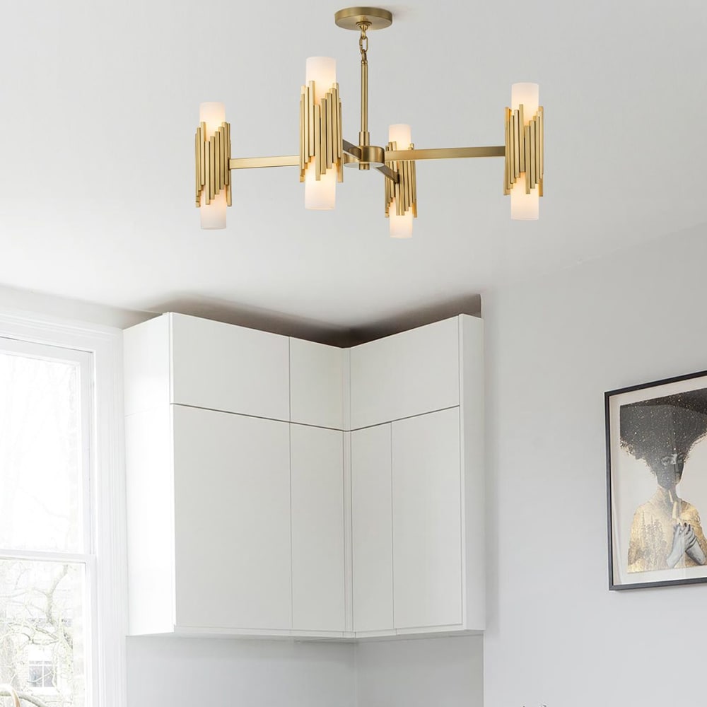 Lustre 8 Lumières Acier, Globe en Verre Opalin — vue 3