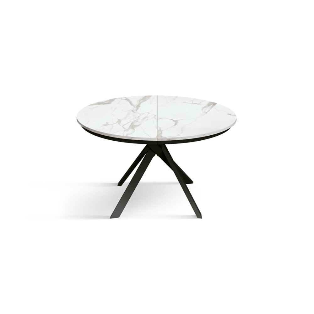 Table ronde en bois blanc, pieds noirs, Ø120xH75.3-170x120x75.3 cm