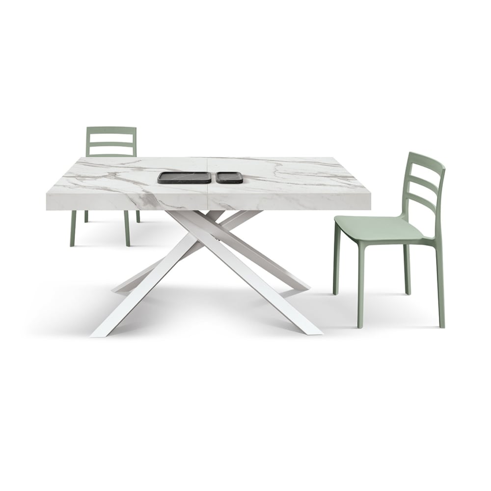 Table en bois blanc, piètement blanc, extensible 140x90 - 220x90 cm