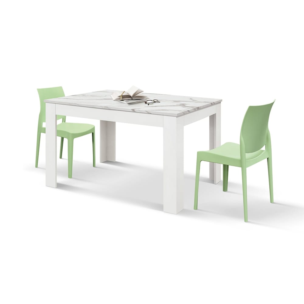 Weißer Holztisch, weißes Gestell, ausziehbar 140 x 90 – 220 x 90