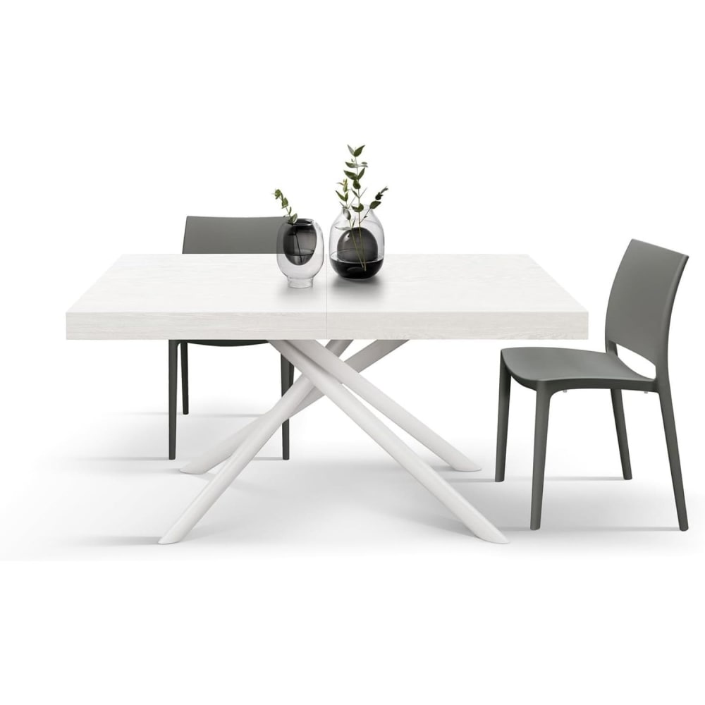 Holztisch, weiß lackiert, mit weißem Untergestell, 180×90– 260×90