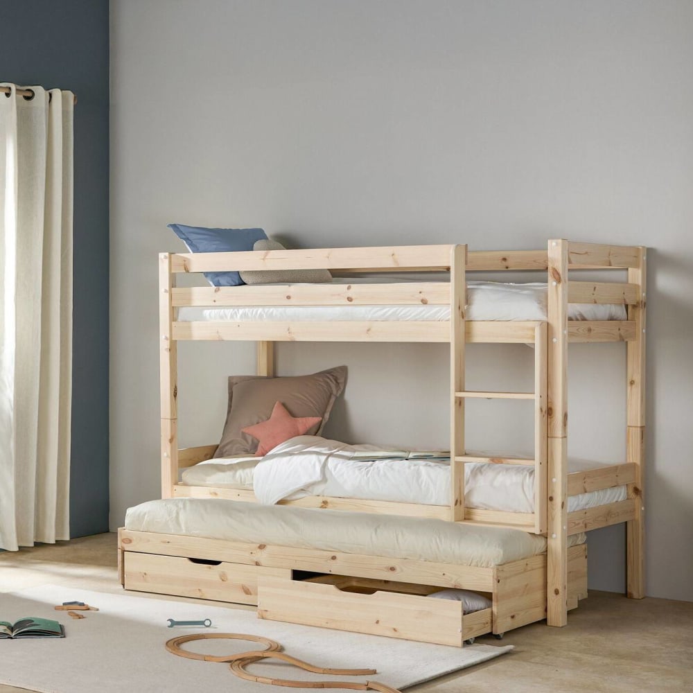 Lits superposés gigognes 2 tiroirs bois massif 90 x 190 cm
