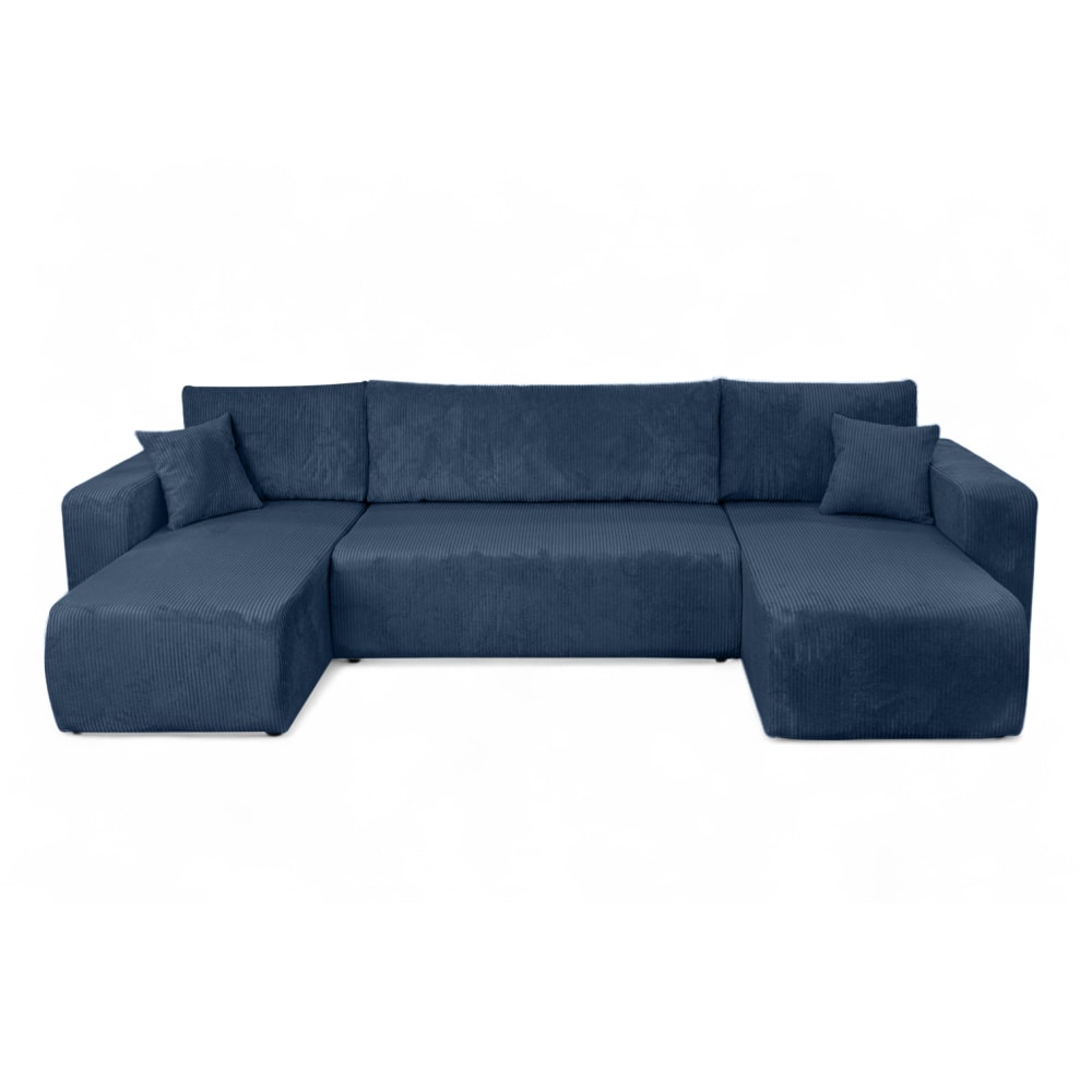 Canapé d'angle panoramique convertible 6pl velours côtelé bleu foncé