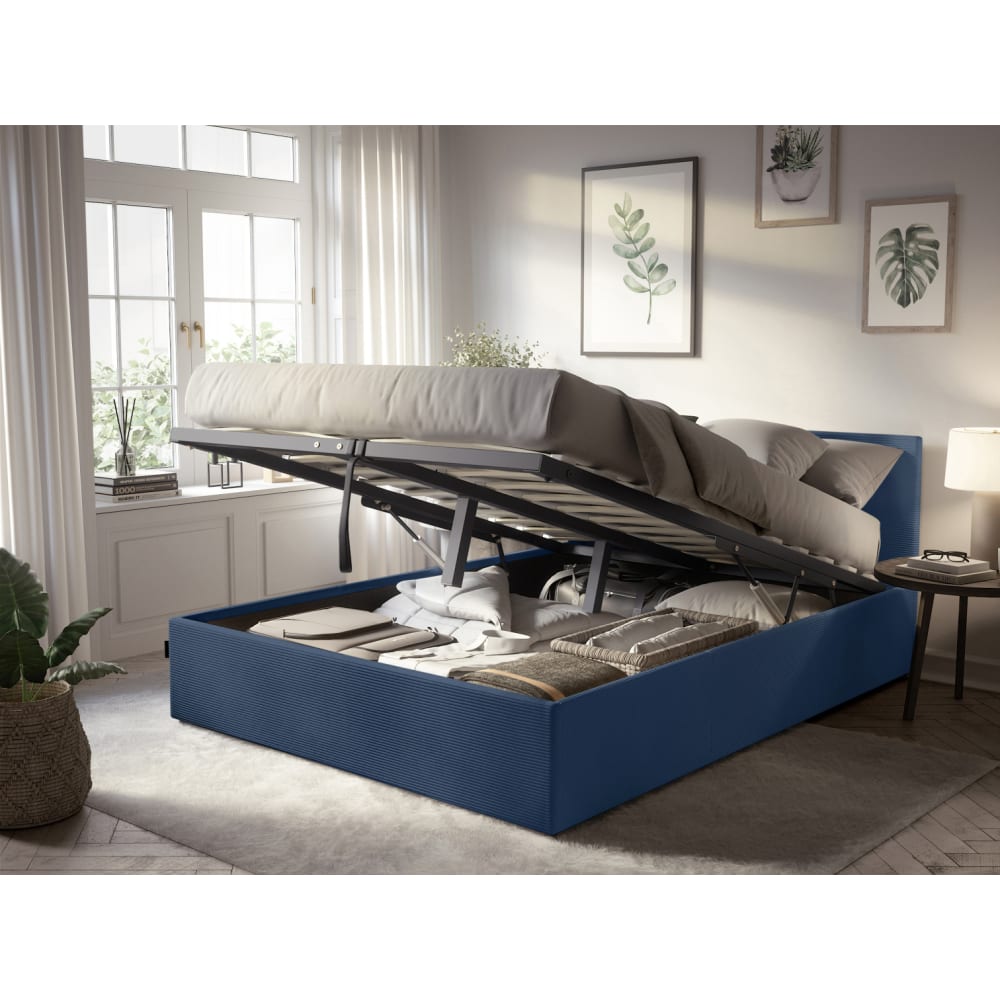 Cadre de lit avec coffre de rangement velours côtelé bleu 160x200cm