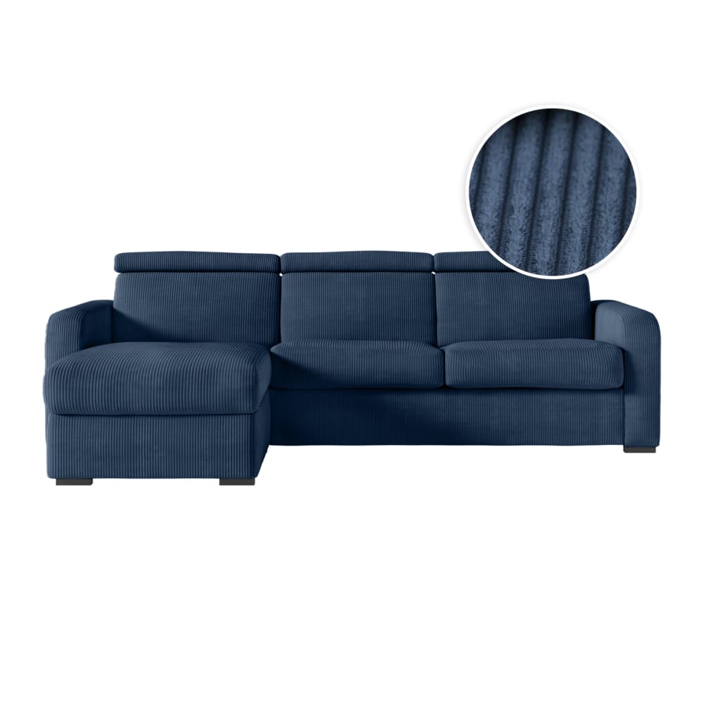 Canapé d'angle convertible couchage 140x190cm en velours côtelé bleu