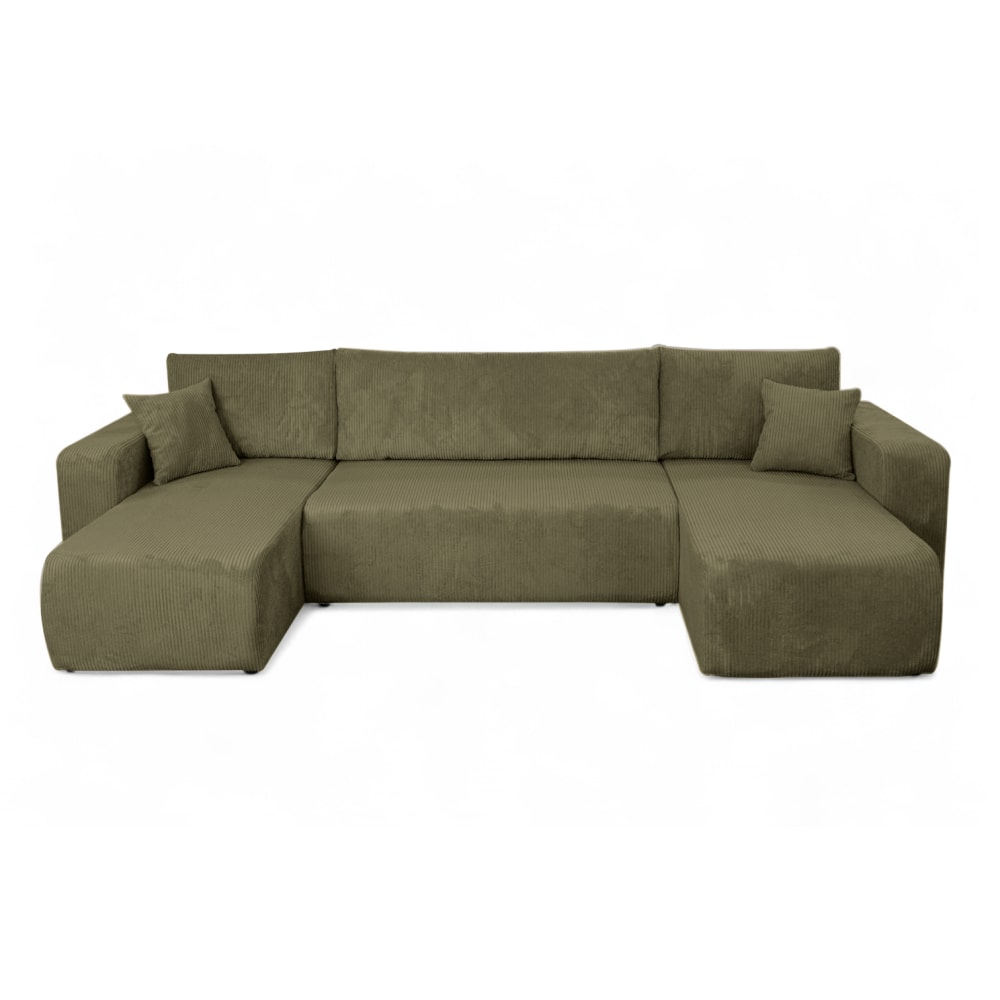 Canapé d'angle panoramique convertible 6pl velours côtelé vert kaki