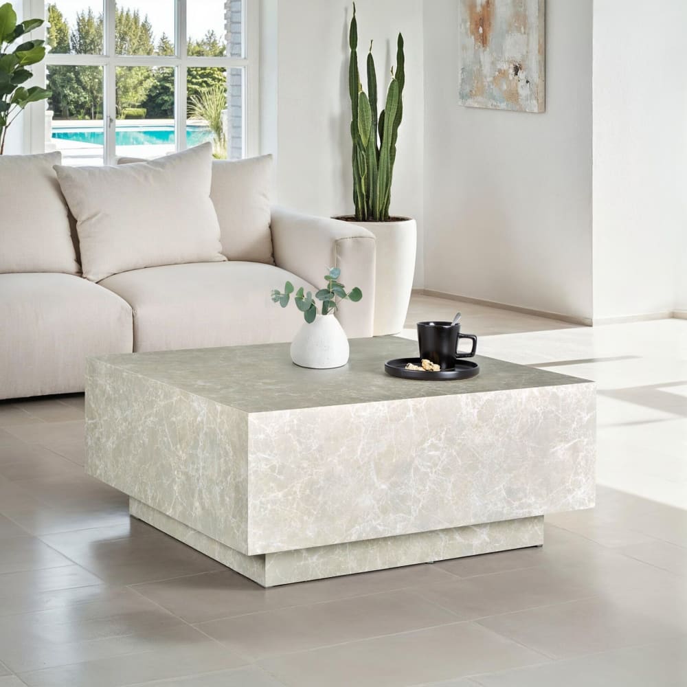 Table basse en bois mdf sans montage 80 x 80 x 35 cm aspect travertin