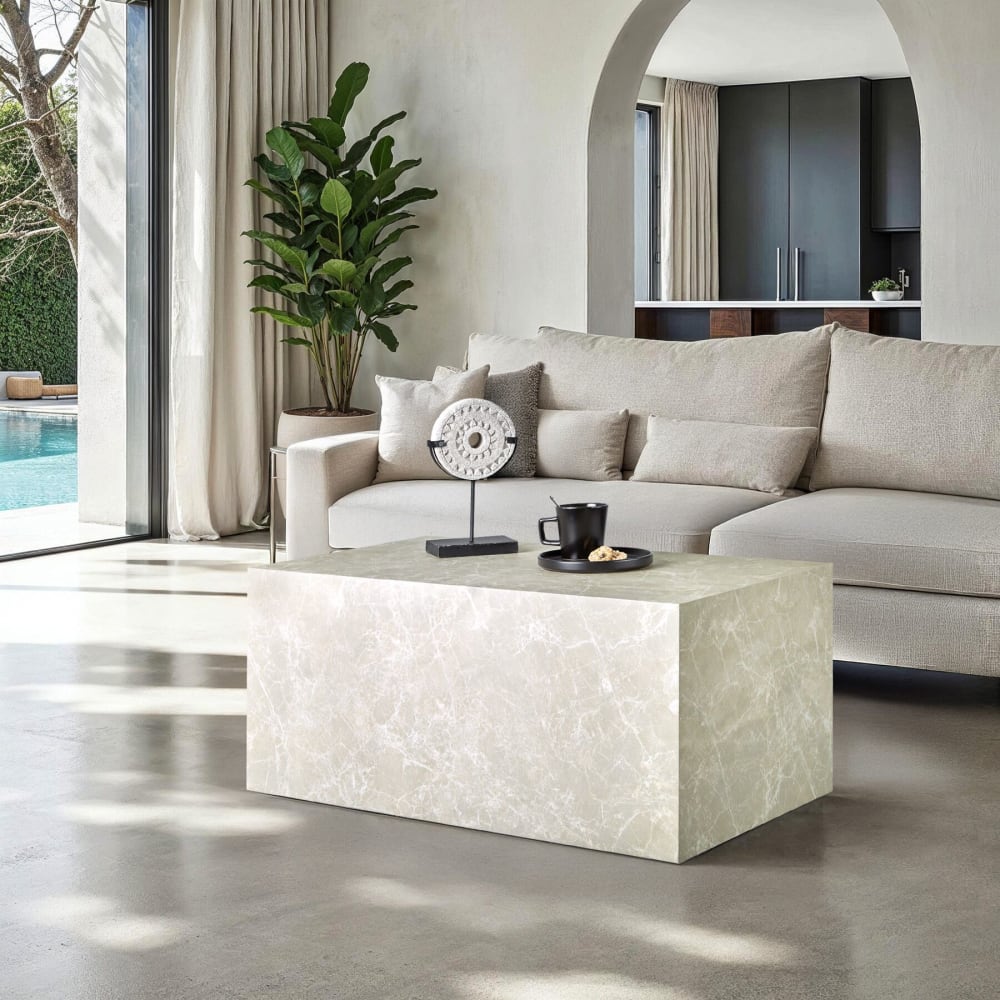 Table basse en panneau de fibres 90 x 50 x 40 cm aspect travertin