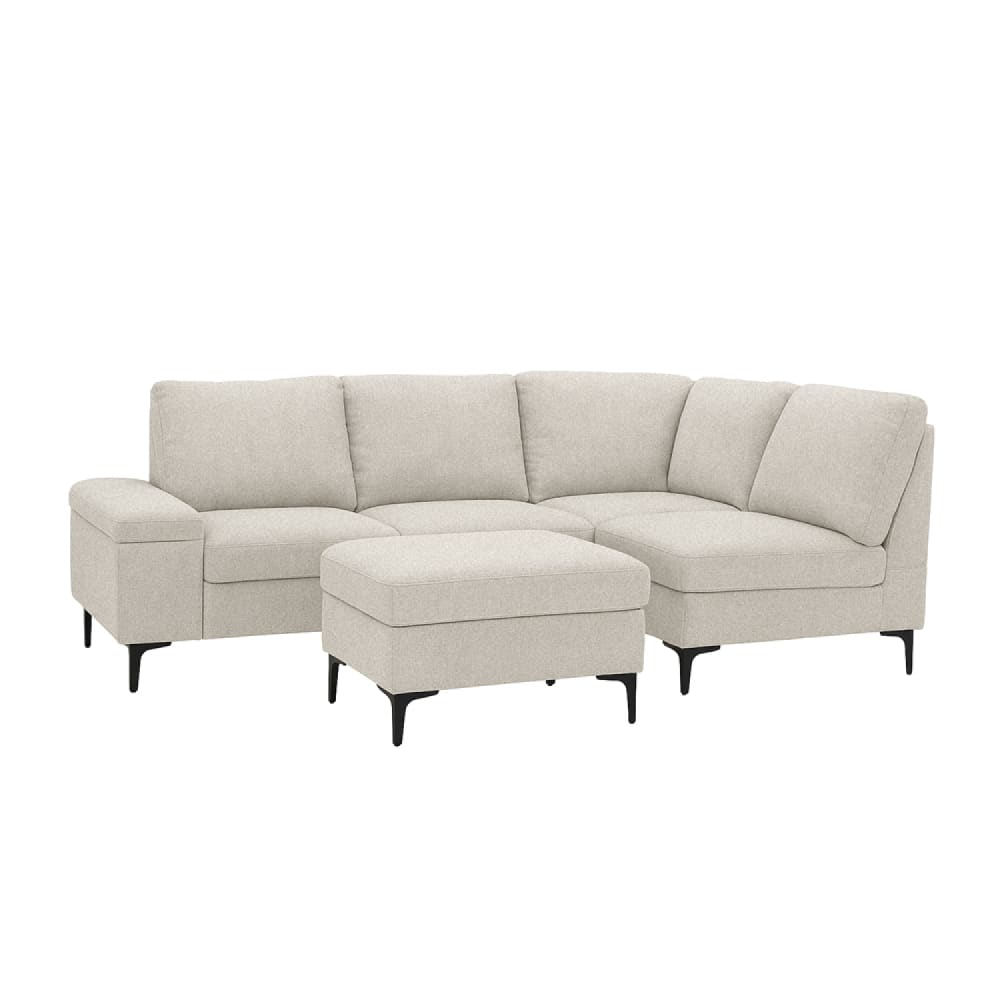 Canapé d'angle 4-5 places en tissu chenille beige avec pouf