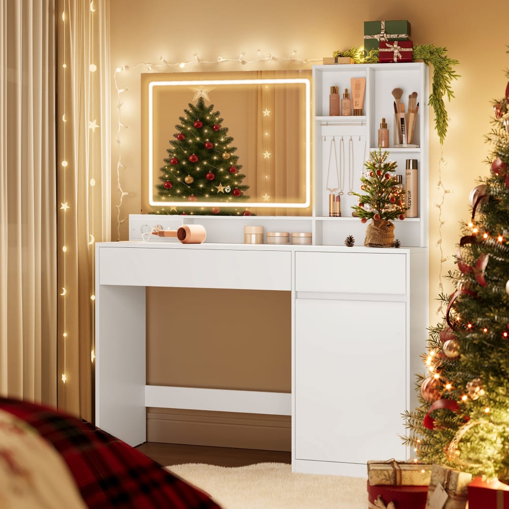 Coiffeuse avec miroir tiroir et rangement pour bijoux l 110 cm blanc