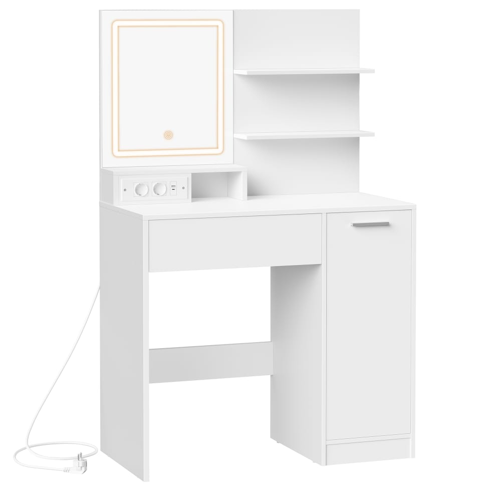 Coiffeuse avec miroir avec multiprise 1 tiroir 2 étagères blanc